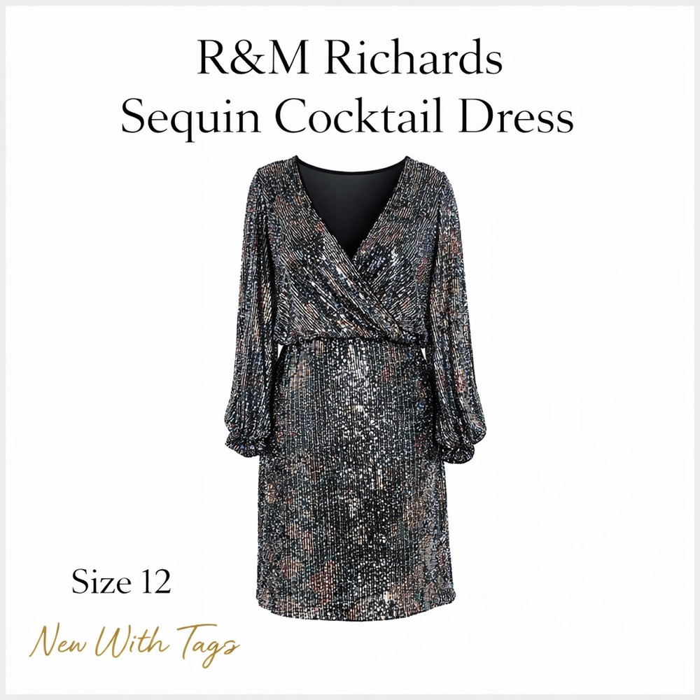 NWT R&M Richards Sequin Cocktail Dress 12 Black Multicolor V-Neck‎ Long Sleeve